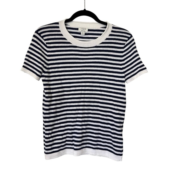 J. Crew Short Sleeve Linen Blend Crew Neck Sweater Navy White Womens Small - Picture 1 of 6
